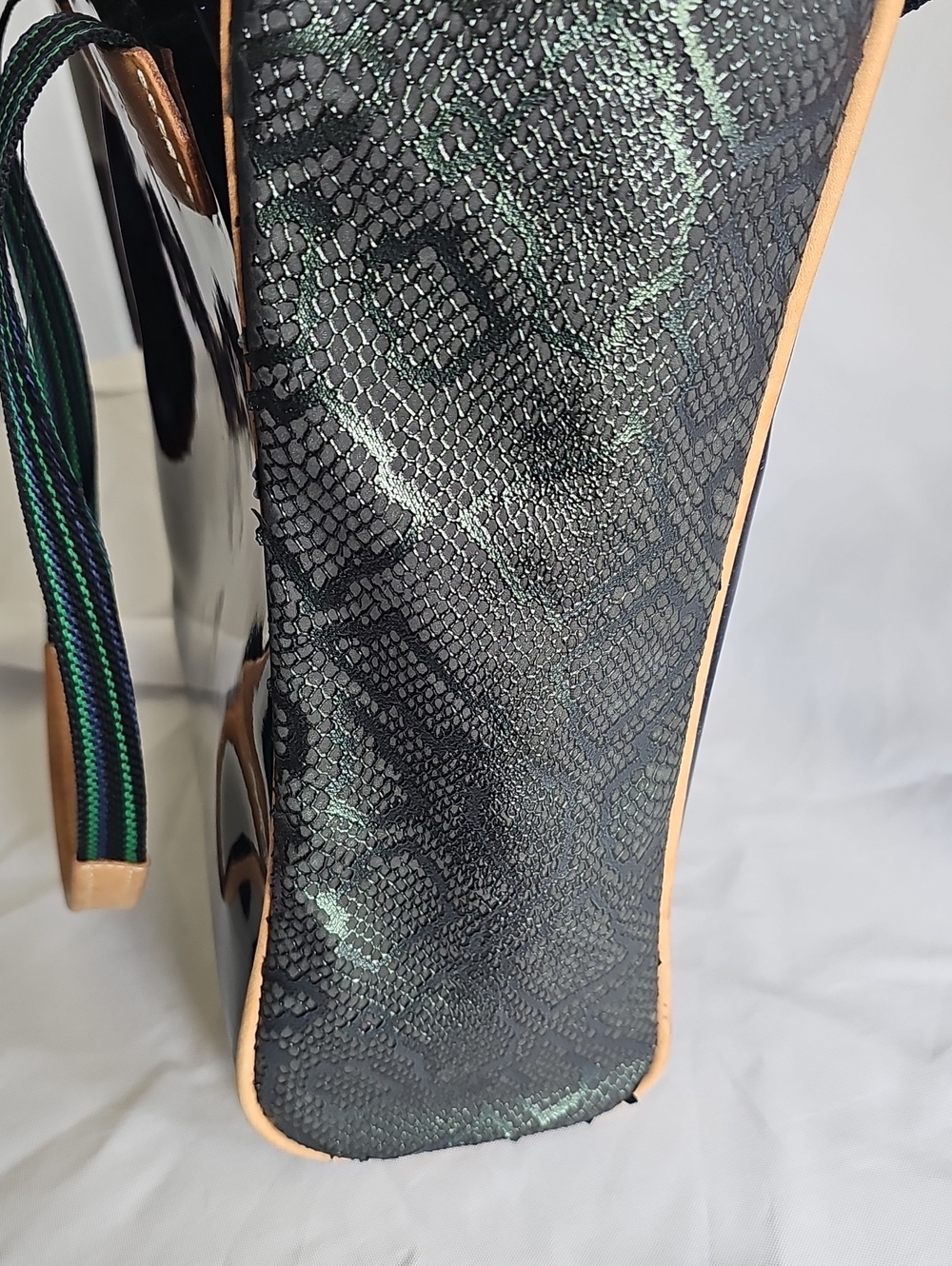 Consuela Navy Glitter Patent Tote with Black/green Sides and Tan Trim - Picture 8 of 10